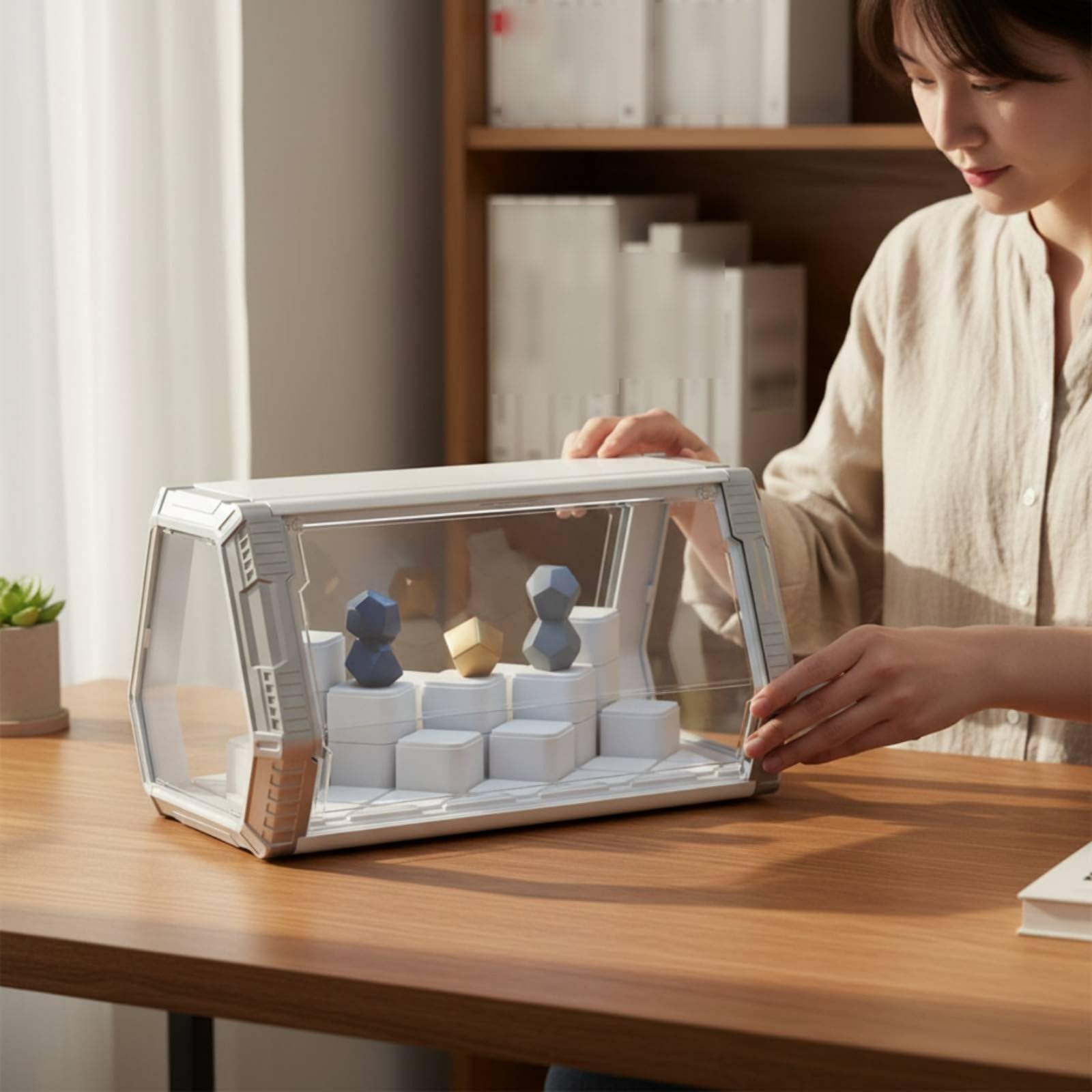 Vitrine Figuren Vitrinenschrank Schaukasten Sammlervitrine mit Led Innenbeleuchtung Weiß Warm Klappdeckel Pet Material Staubfrei Feuchtegeschützt mit , Silber , Size to 3