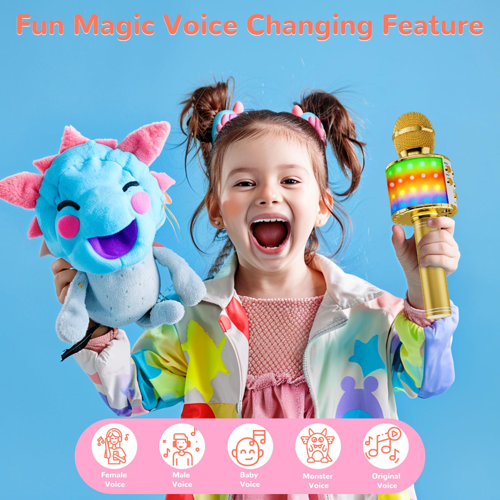 Ankuka Microfono Karaoke Bluetooth Wireless Microfono Bambini Regalo per Bambini 3-12 Anni Microfono Giocattolo Cambia Voce, Compatibile con Android, iOS, PC Oro