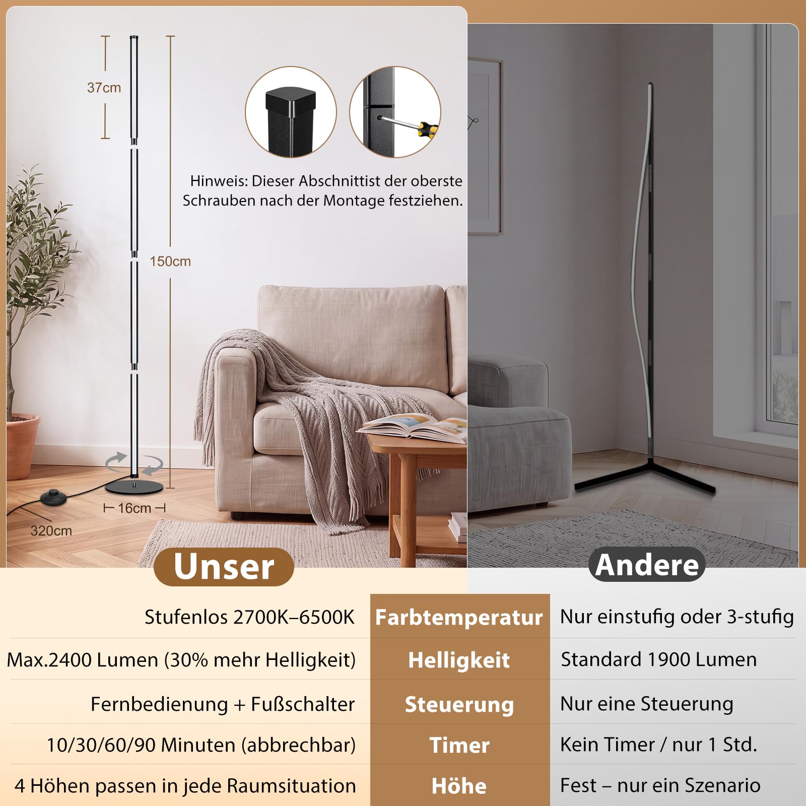 LED Stehlampe Wohnzimmer Dimmbar - 150cm Modern Stehlampe mit Fernbedienung 2700-6500K, Timing-Funktion Indirekte Beleuchtung Wohnzimmer Ecklampe für Schlafzimmer Gaming-Zimmer Deko Wohnzimmer-Schwarz