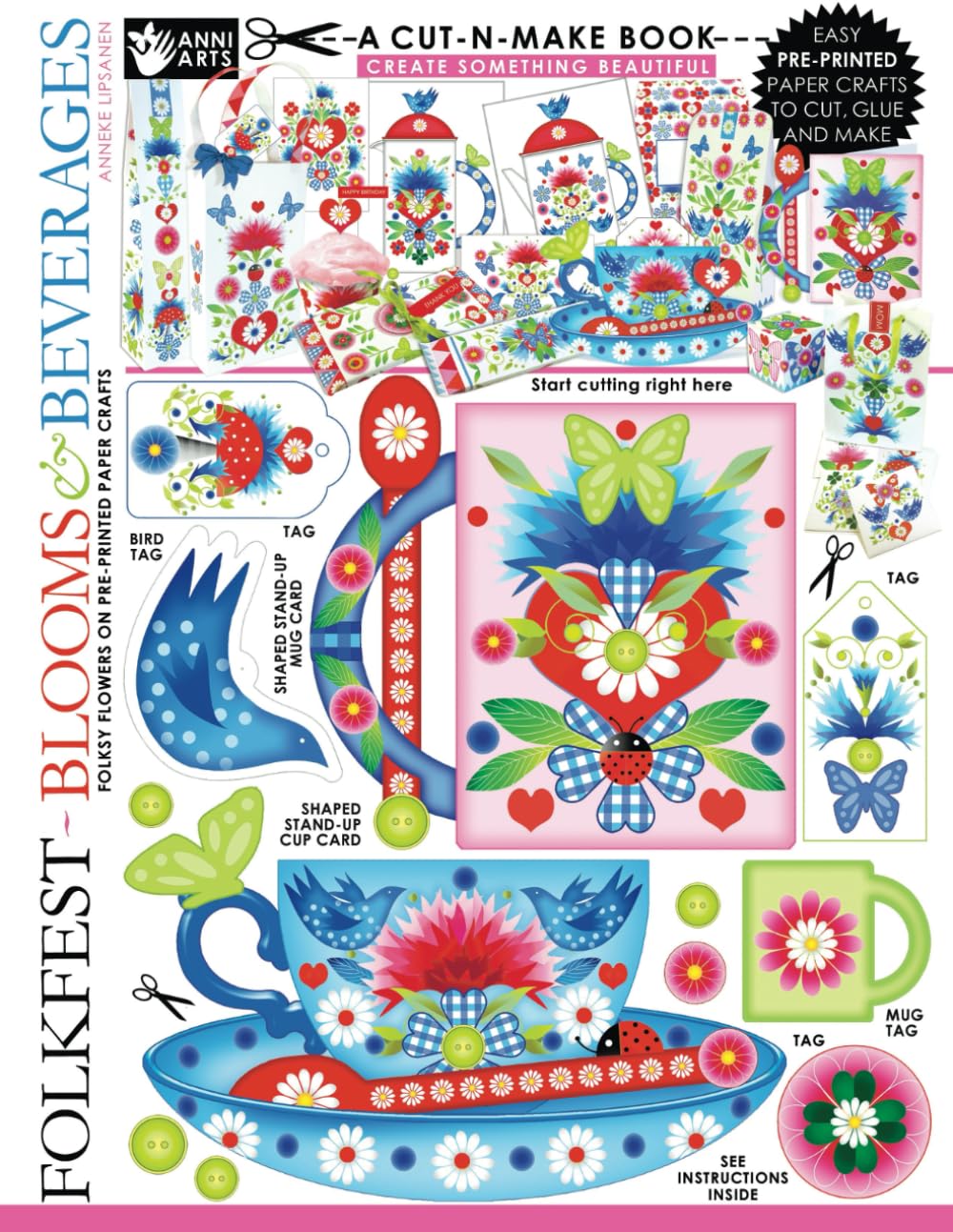 FolkFest - Blooms and Beverages Cut-n-Make Book: Folksy Flowers on Pre-printed Paper Crafts and Posters for Tea and Coffee Lovers