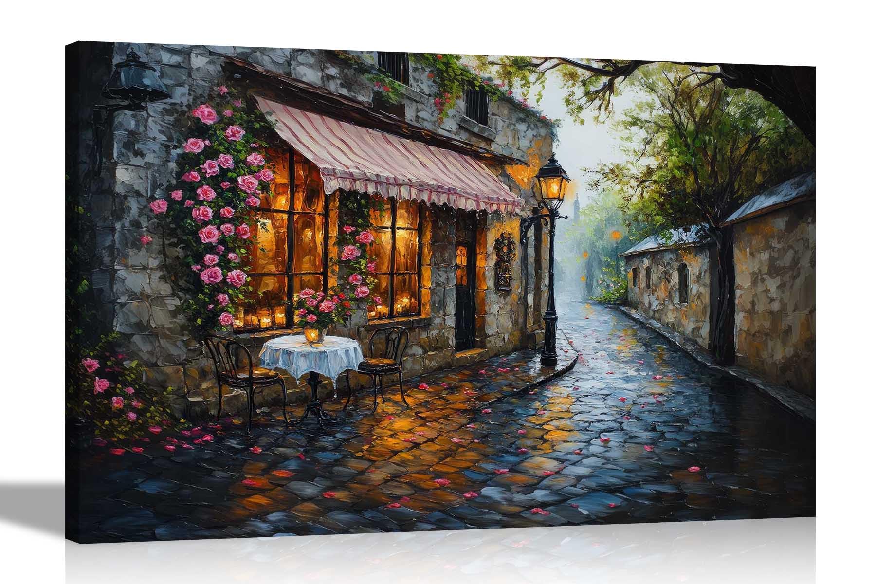Artley Prints - Cobble Road Village Cafe Roses Framed Canvas Wall Art Prints For Home Office Living Room Conservatory Pictures 76 x 50cm (30 x 20 inches)