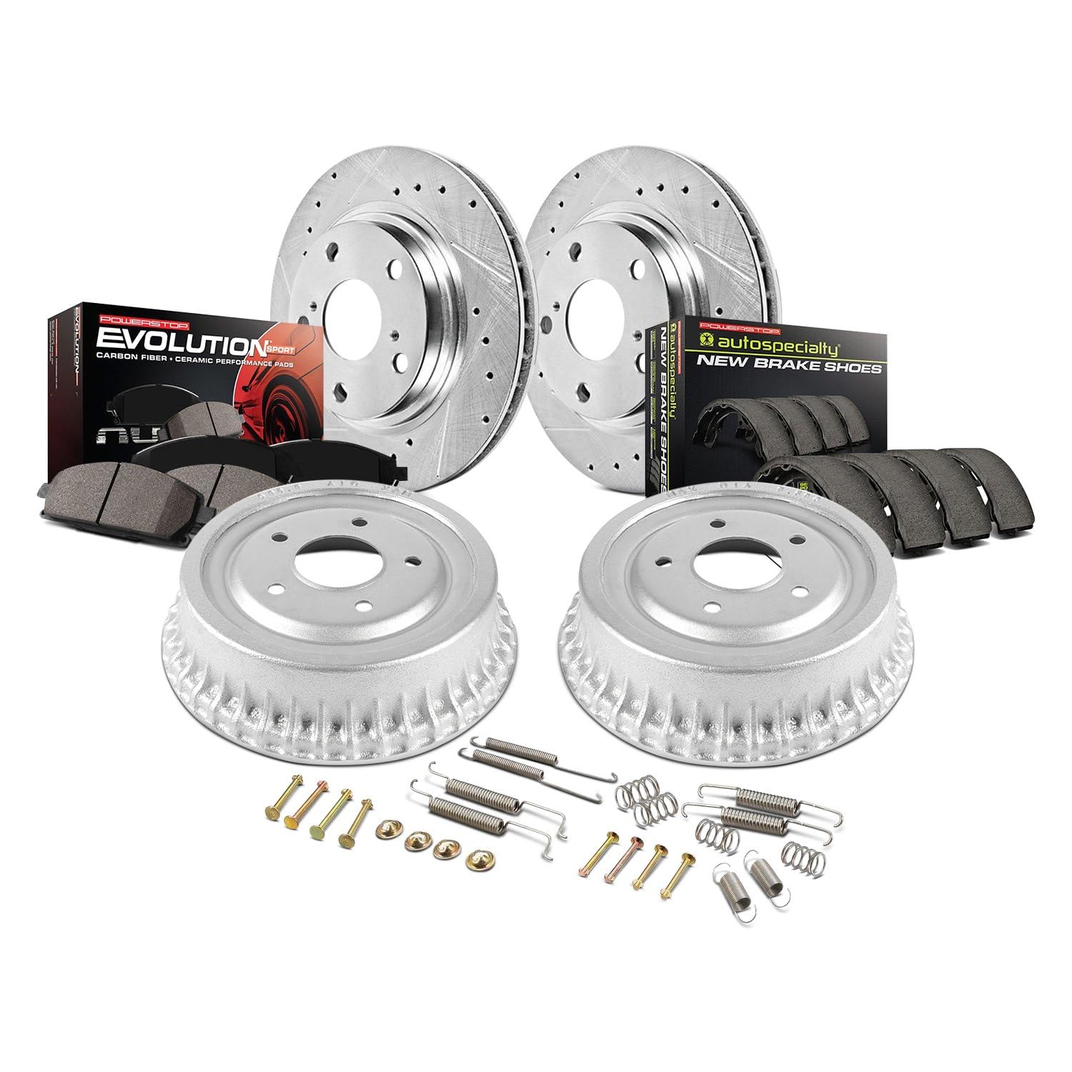 Power StopFront and Rear K15534DK Z23 Brake Pads and Brake Rotors with Drums and Shoe Brake Kit