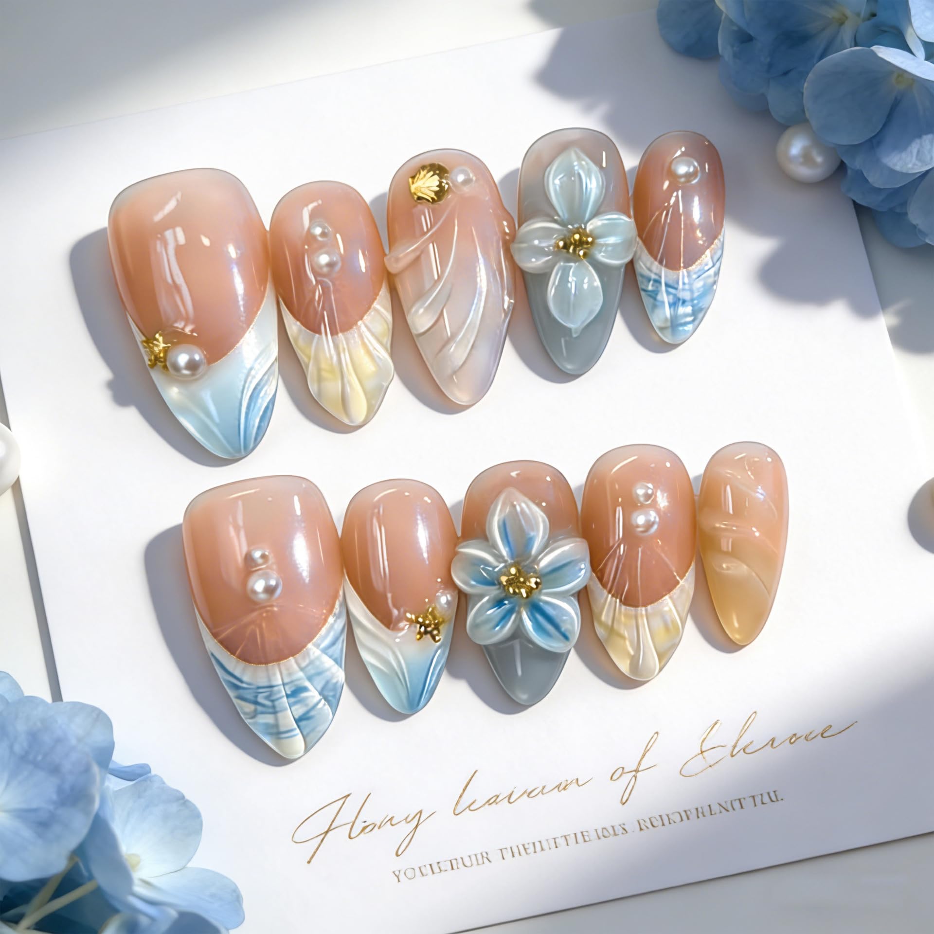 Photo 1 of Summer Press on Nails Short Almond Fake Nails French Tip False Nails with Blue 3D Flowers Waves Beach Designs Glue on Nails Glossy Cute Acrylic Nails for Women Manicure