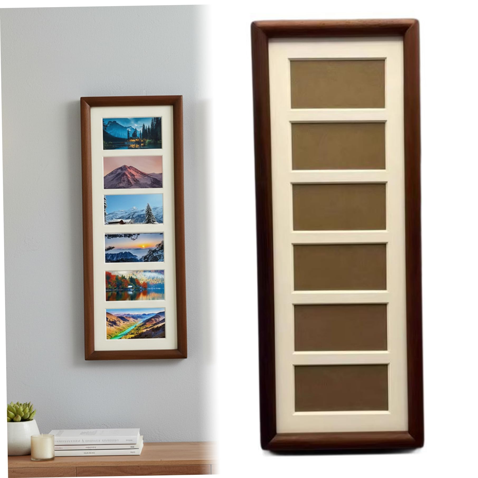 Neptuiby 4x12 Frame, Walnut Wood Collage Multi Photo Frame with 6 Openings for Wall Art and Tabletop Display.
