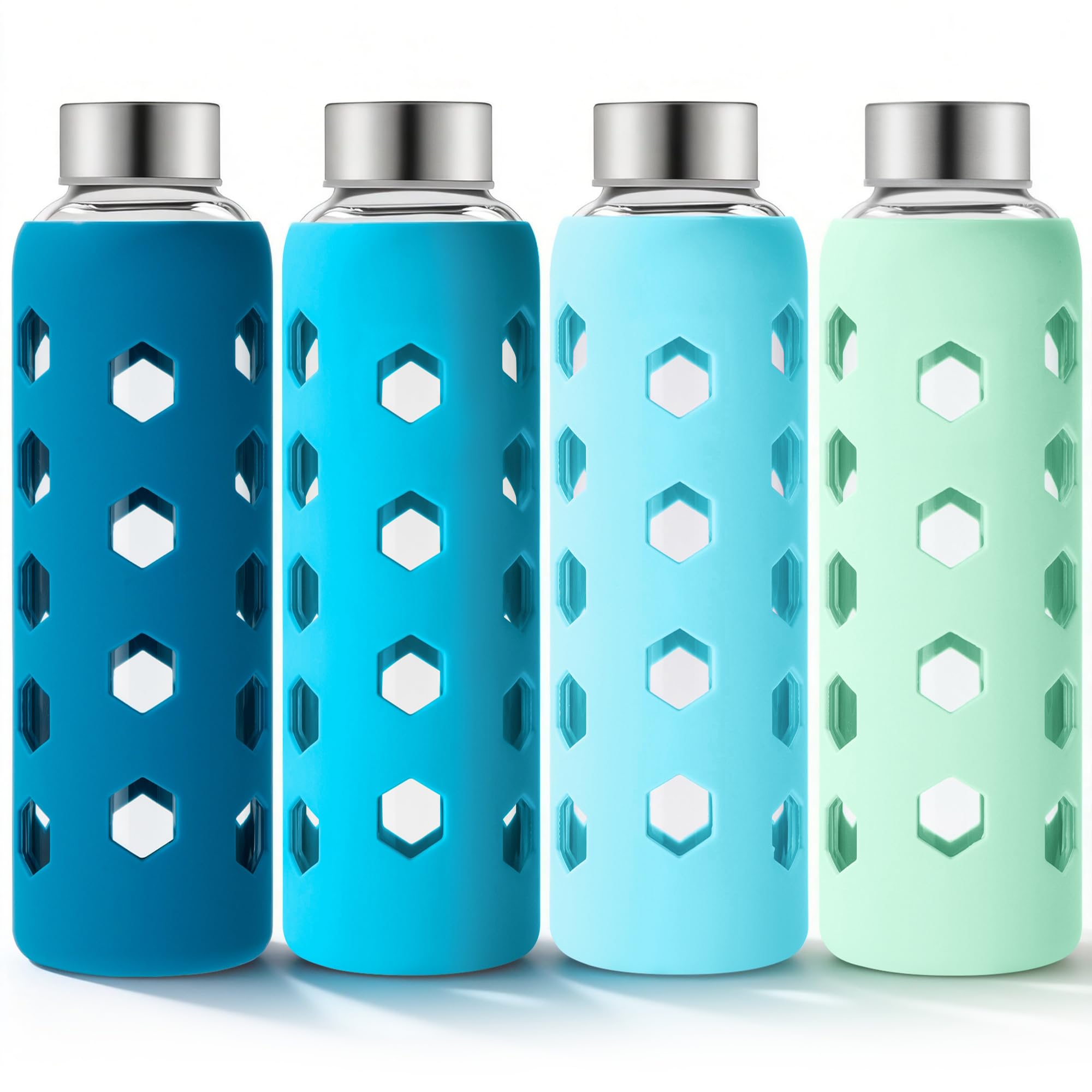 Mrsdry Glass Water Bottles with Lids and Silicone Sleeves 550ml, 4-Pack Reusable Clear Glass Juice Bottles with Stainless Steel Airtight Cap, BPA Free Leak-Proof Drinking Bottles for Hot Cold Drinks