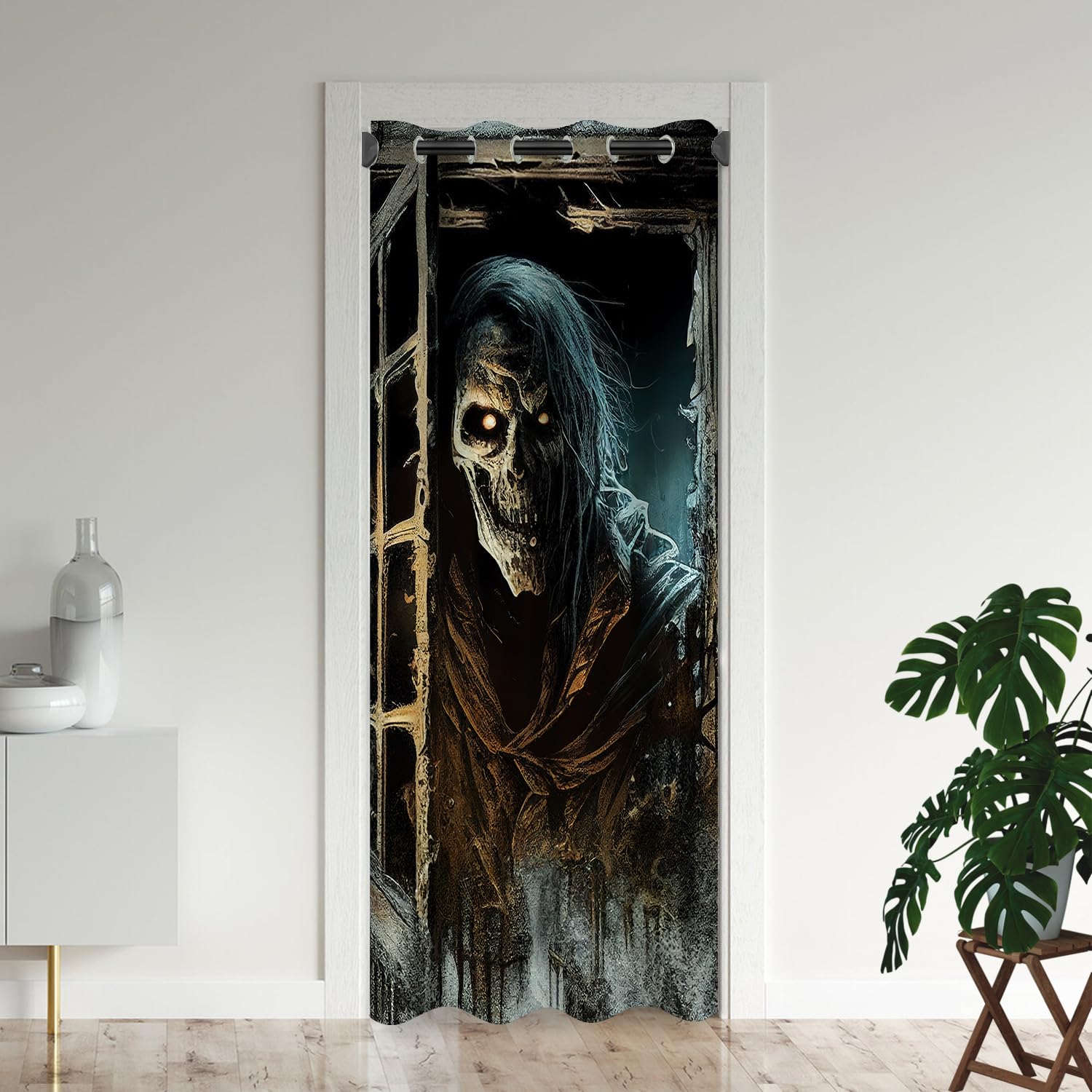 Halloween Door Curtains for Doorways, Scary Skull Killer Zombie Dead Movie Blackout Curtain for Kids Bedroom Closet, Grommet Thermal Insulated Privacy Door Drapes for Room Divider, 34