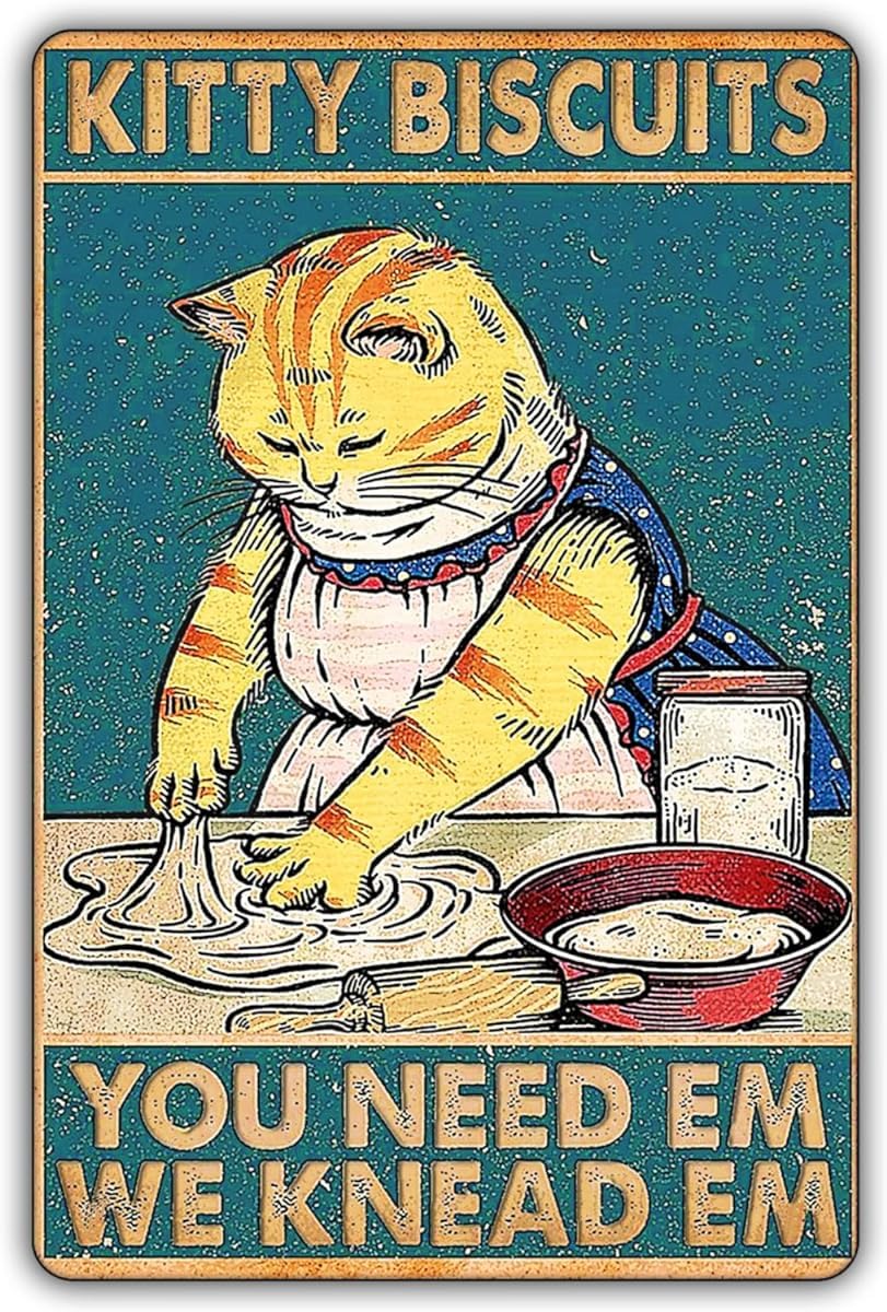 rayprint Funny Cat Metal Tin Signs Vintage Kitty Kitchen Sign Home Coffee Office Retro Art Wall Decor Kitty Biscuits You Need We Knead 12x8 Inch