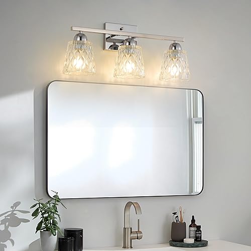 Miniatura 2 de Mecgirn Lámpara de tocador de baño cromada plateada de 3 luces, moderna lámpara de baño de acero inoxidable sobre espejo con pantallas de vidrio
