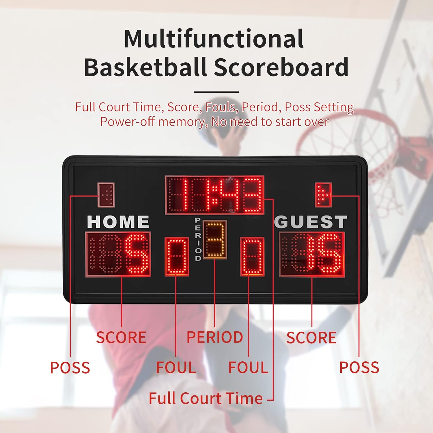 YZ 35”x18”x3” Electronic Large Basketball Scoreboard, Shot Clock 14/24