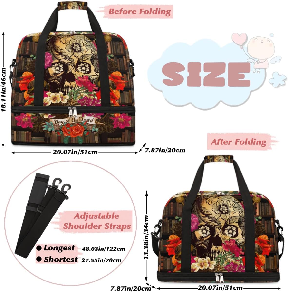 QsirBC Skulls Classic Theme Gym Bag for Women Duffle Tote with Shoes Compartment Men Weekender Duffel for Dance Travel Sports Swimming Overnight