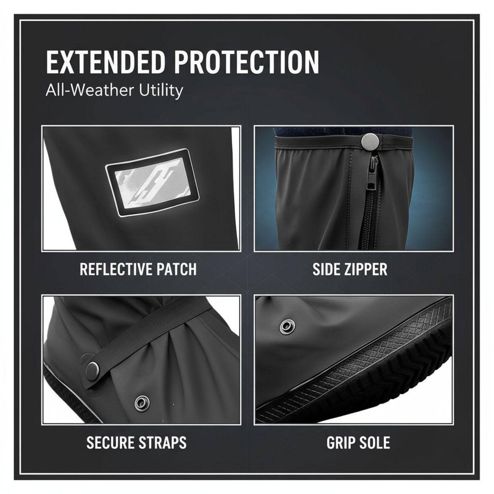 Generisch 2 fundas impermeables para zapatos XL, antideslizantes, con diseño reflectante, reutilizables, para hombre y mujer, con cremallera lateral, color negro