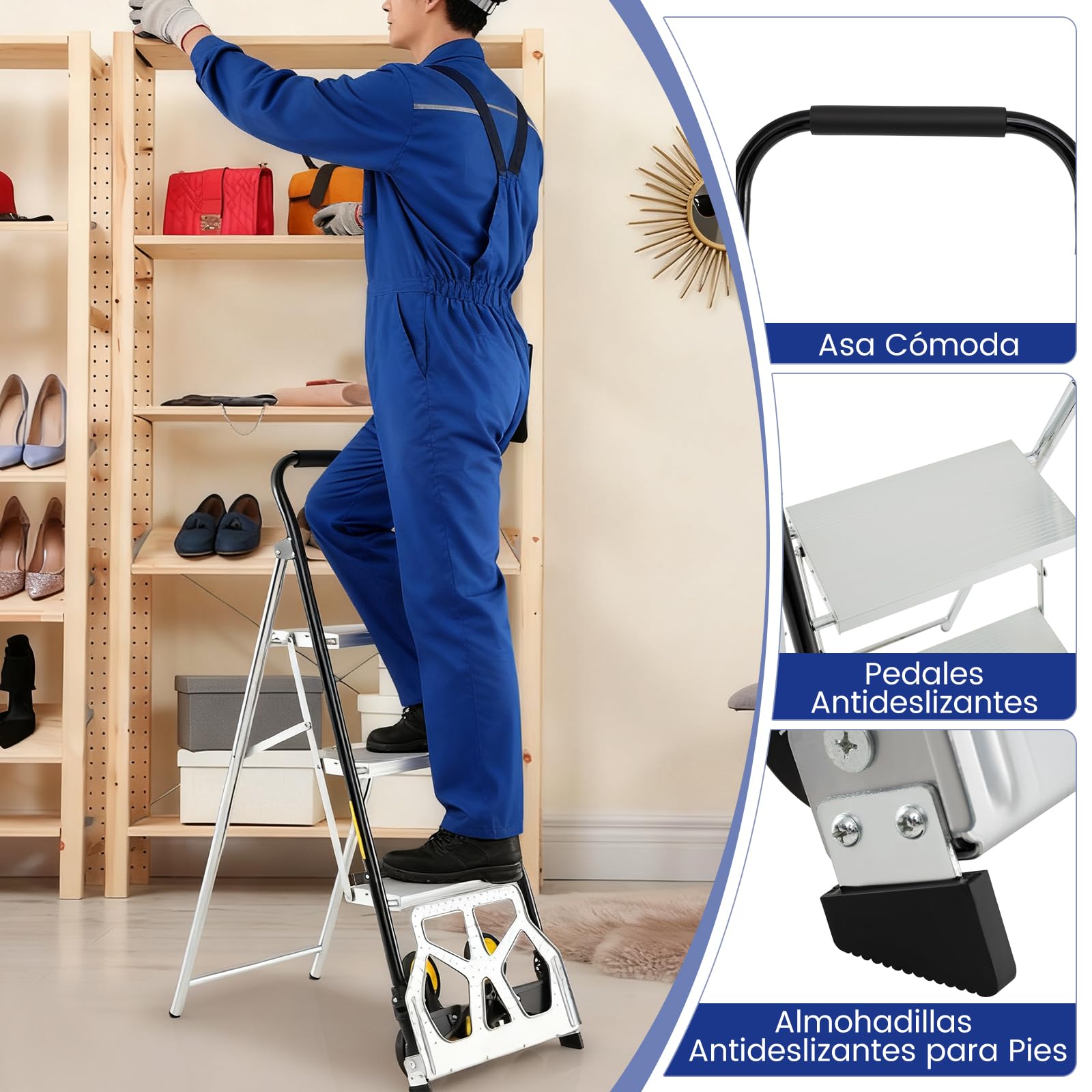 COSTWAY 2 en 1 Carretilla Plegable, Escaleras Plegables Aluminio de 3 Peldaños, Pedales Antideslizantes, Carretilla de Carga con Ruedas de Goma para Subir Escaleras, Carga 250kg
