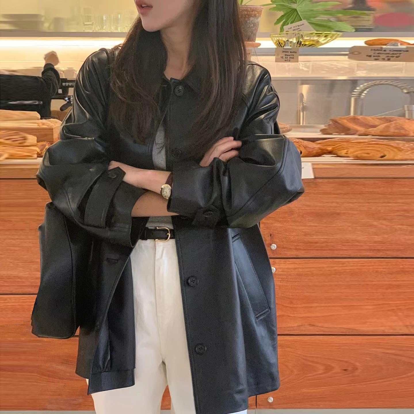Women's Retro Faux Leather Jacket, Loose Fit Long Sleeve Coat with Lapel Collar, Street Style Outerwear for Autumn