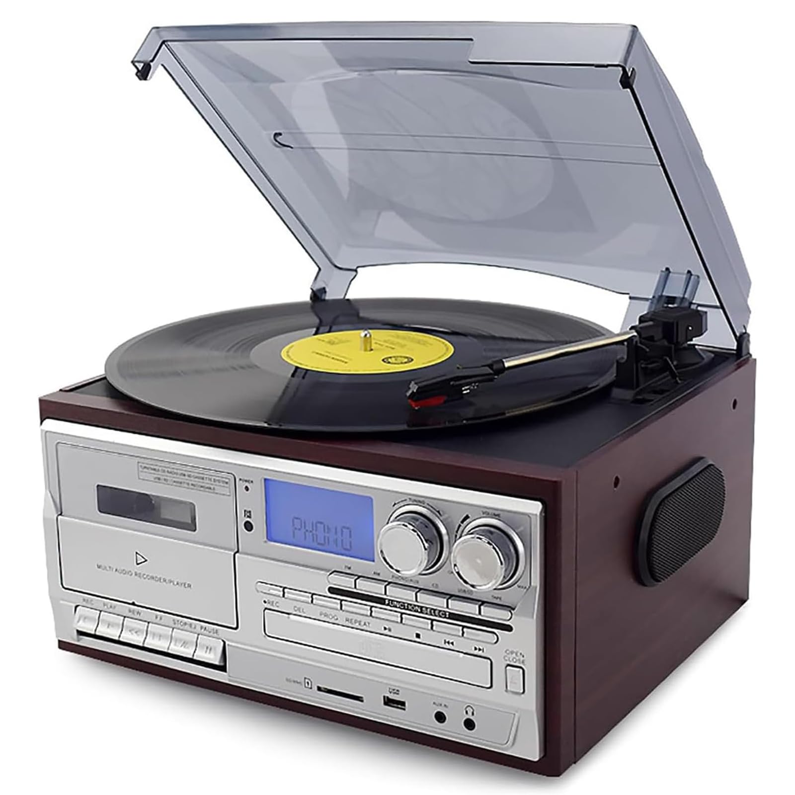 Klasyczny gramofon Bluetooth, gramofon winylowy, wbudowane głośniki - 3 prędkości, CD/Bluetooth/Kaseta/Dysk USB/Wejście/Wyjście/Transkrypcja, z matową osłoną przeciwkurzową,A
