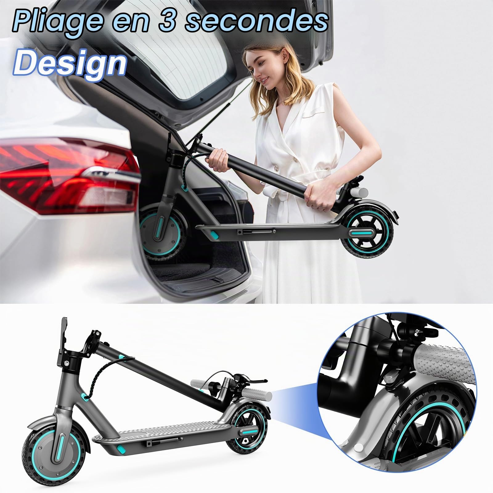 Trottinette Électrique Adulte, Moteur de 350W, Vitesse Max 25 km/h, 3 Modes de Vitesse, Autonomie 30-35KM Batterie 36V 10.5Ah, Pneus Solides 8.5'', Double Frein, APP