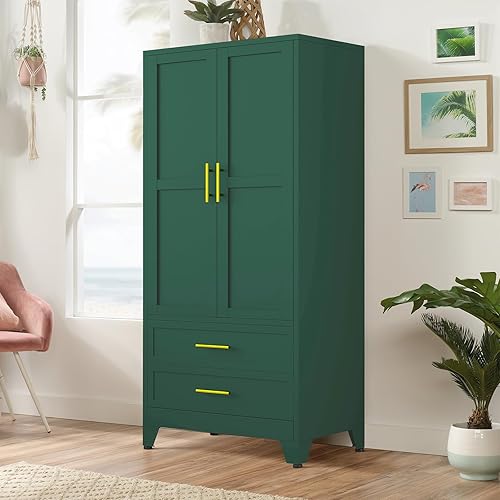 71" Armoire Wardrobe Closet with 2 Doors & 2 Drawers, Metal Storage Cabinet with Drawers and Hanging Rod, Metal Closet Organizers for Home, Office,Gym(Green)