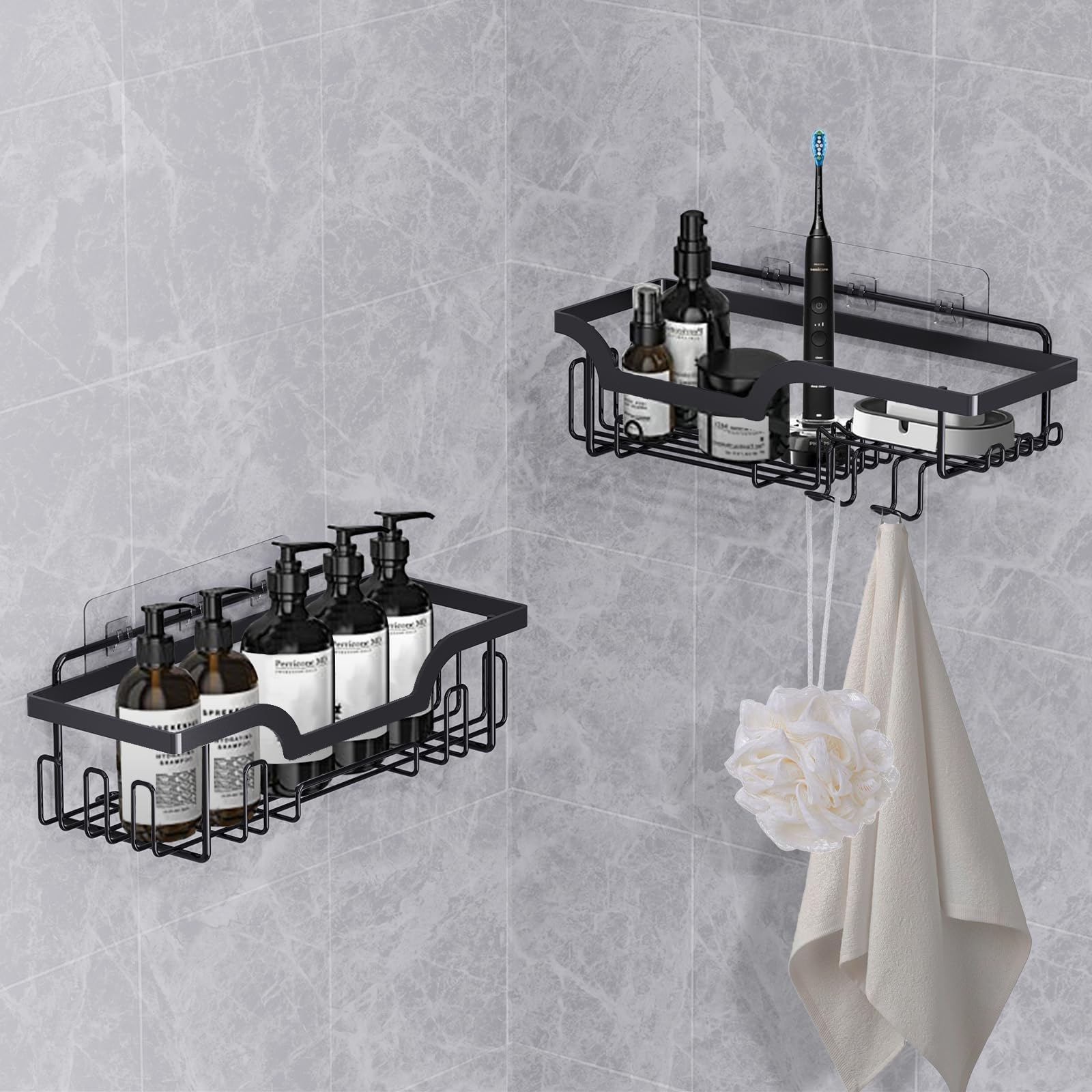Honsdom Mensola Doccia Senza Foratura in Set da 2, Porta Sapone Doccia Adesivo con Ganci, Mensole Bagno per Rasoi, Shampoo, Bagnoschiuma (Nero)