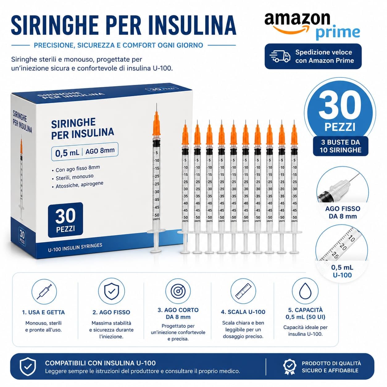 Siringhe per Insulina, U-100 - 0,5 mL - (50 UI) - con Ago fisso da 8mm - Sterili Monouso - Confezione da 30 siringhe (3 buste da 10). Marchio Made in Italy.