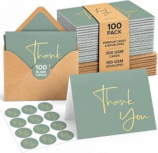 VNS Creations Thank You Cards With Envelopes - 100 Pack 4 x 6 - Green