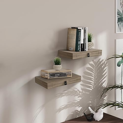 Miniatura 3 de Juego de 2 estantes flotantes con cajón, mesita de noche flotante para dormitorio, estante de pared de 16 pulgadas, estante flotante con