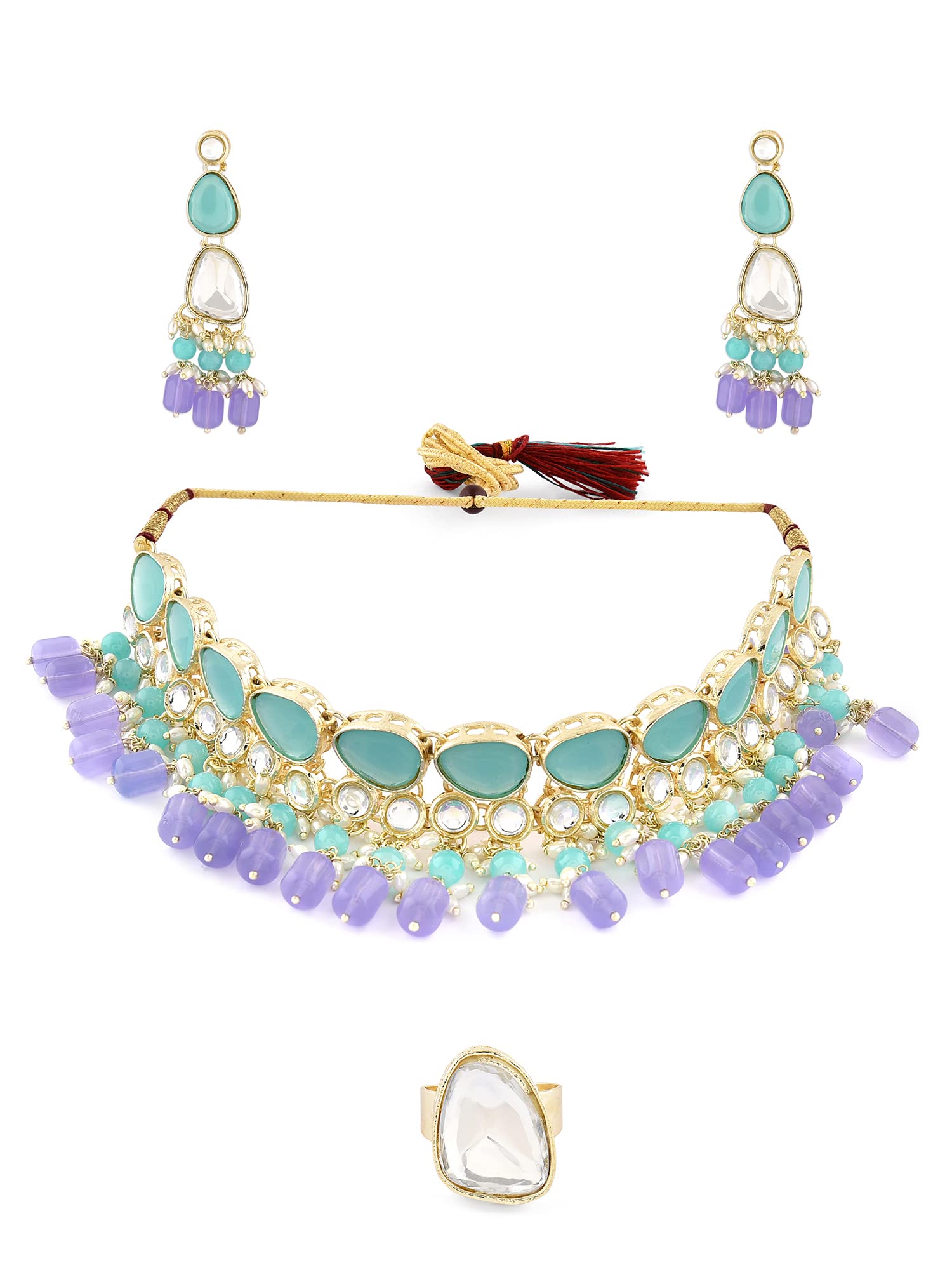 ZAVERI PEARLS Turquoise Blue & Purple Stones Beads Kundan Choker Necklace Earring & Ring Set For Women-ZPFK16077 (B0C4H4YBXS) Amazon Price History, Amazon Price Tracker