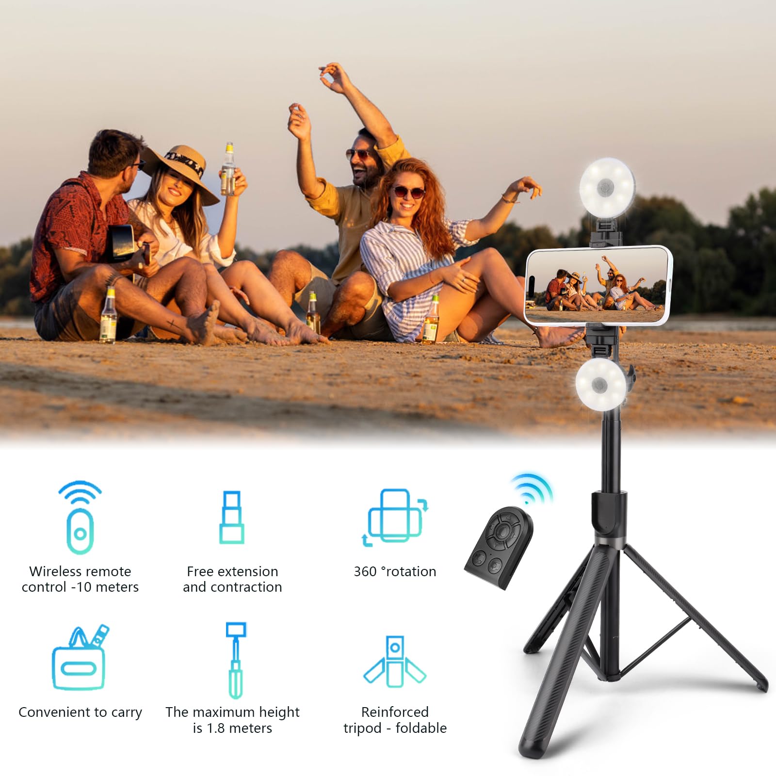 Andoer Perche à selfie avec suivi automatique du visage, 180 cm, trépied pour téléphone portable avec vis 1/4, déclencheur à distance, contrôle gestuel pour selfie vlog, streaming en direct, photos