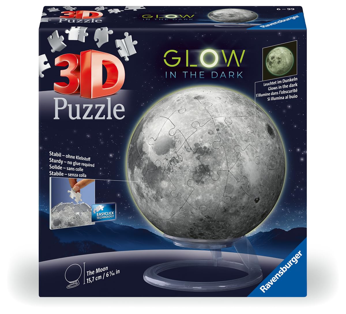 Ravensburger - Puzzle 3D: Luna, Brilla en la Oscuridad, Maquetas para Montar, Puzzle 3D Niños, Puzzle Niños 6 Años o Más, Regalo Niño 6 Años o Más, 72 Piezas