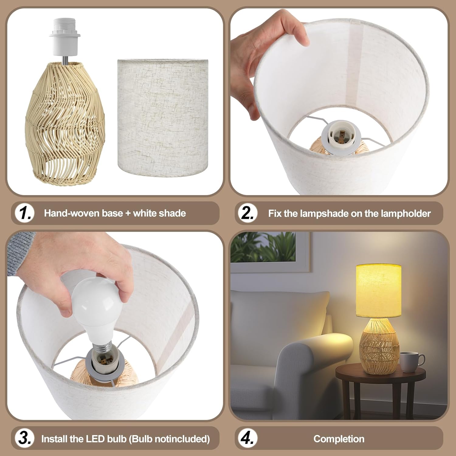 Nightstand Boho Rattan Table Lamp - 3 Color Temperature Handmade Bamboo Woven Lamp for Bedside Living Room (Striped, 1 Pack)