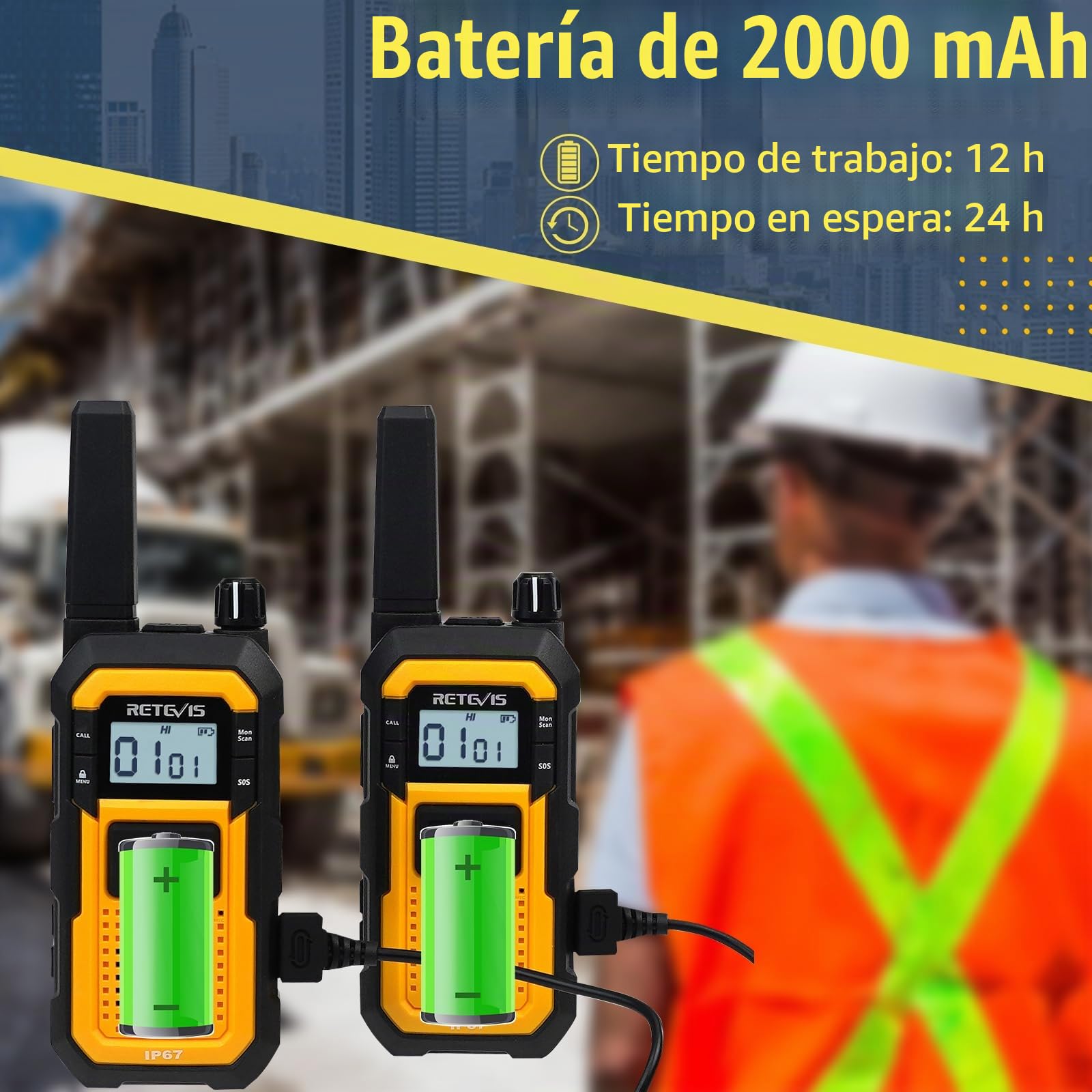 Retevis RB648 Walkie Talkie Impermeable, Walkie Talkies Flotante | MIL-STD-810H 19 Test Duraderos, IP67 Dual PTT, Radio Bidireccional 2000 mAh con Auricular para Obra (2 Piezas, Amarillo)