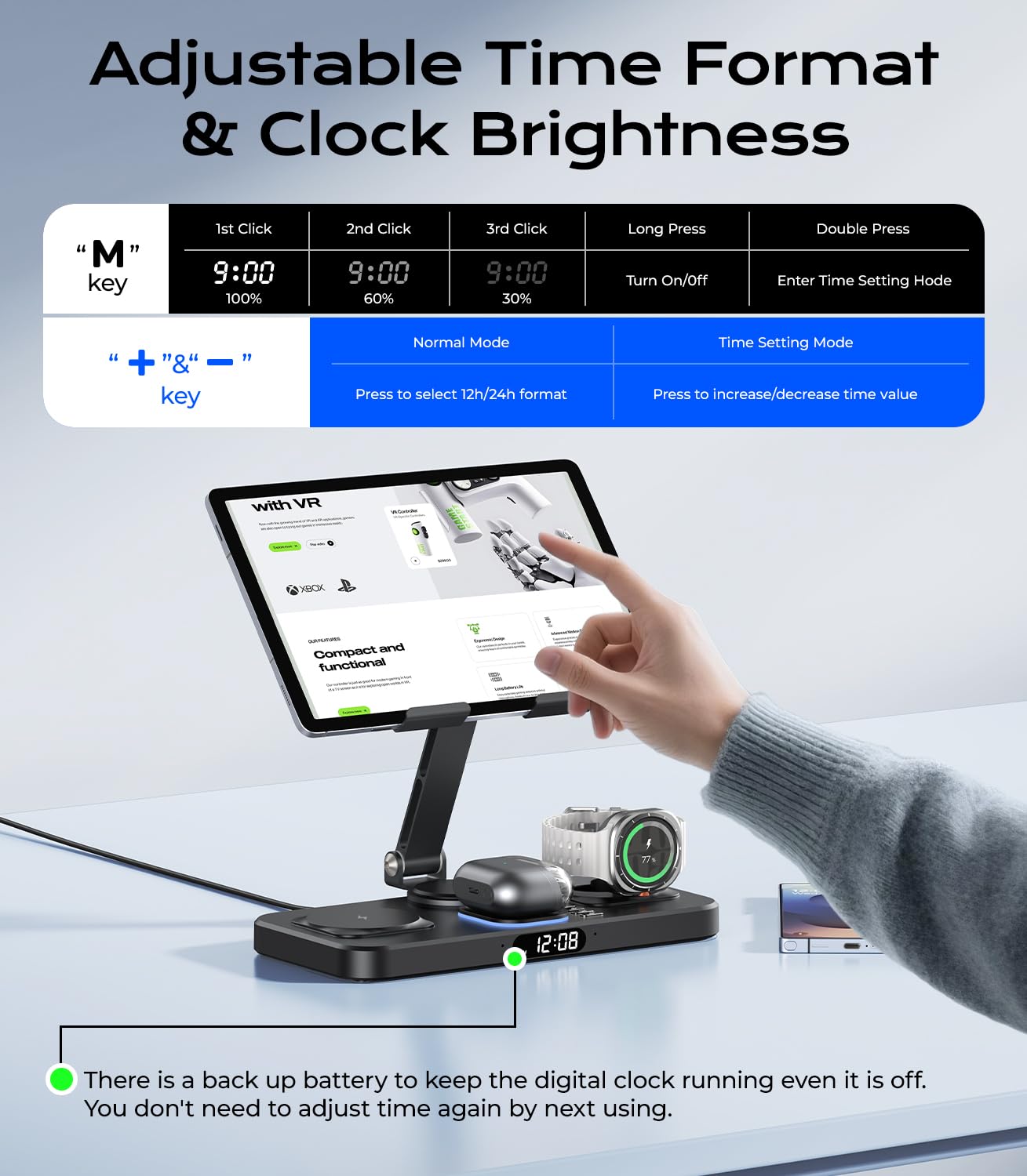 Meifigno Stazione di ricarica wireless da 45 W per più dispositivi Samsung, pieghevole 20 W con cavo caricabatterie per Galaxy Tab con orologio e luce, caricabatterie per S26/S25 Ultra/Z Fold 7 e Buds