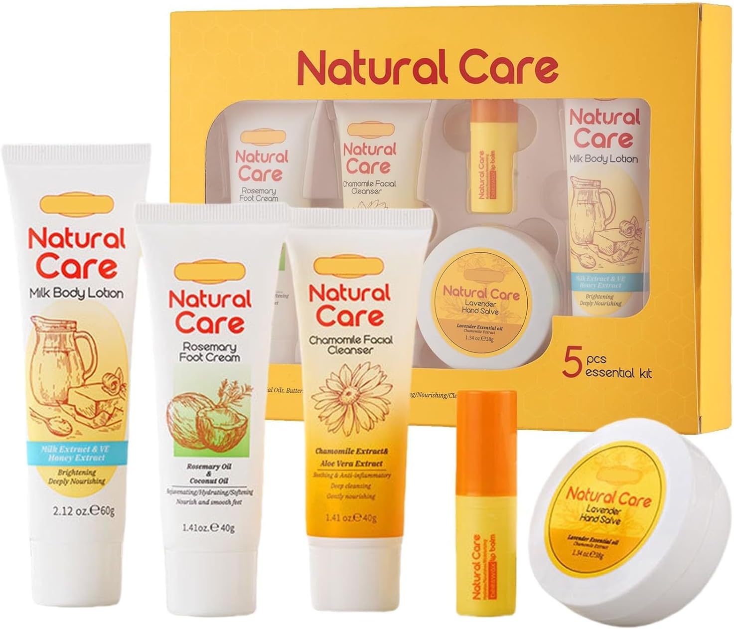 AzoneeNatural Hydrating Skin Care Gift Set, Plant Extract Daily Skin Care Routine with Lip Balm, Foot Cream, Hand Salve, Cleanser, Body Lotion, Travel Size for Women & Girls