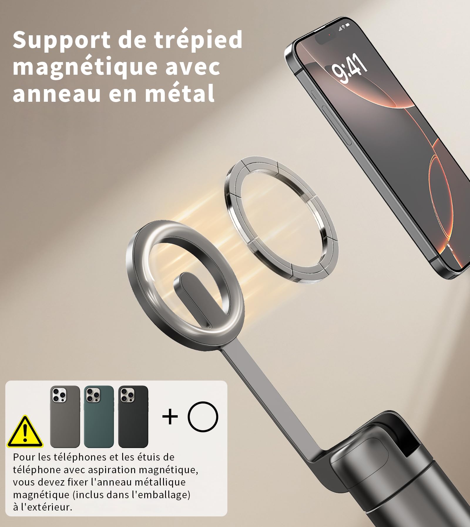 TONEOF 173cm Perche Selfie Magnétique Trépied,Fixations en Aluminium pour Magsafe, Rotatif à 360°,Trépied Voyage Rétractable avec Anneau Métallique&Télécommande,Têtes de Trépieds pour Téléphones-Noir