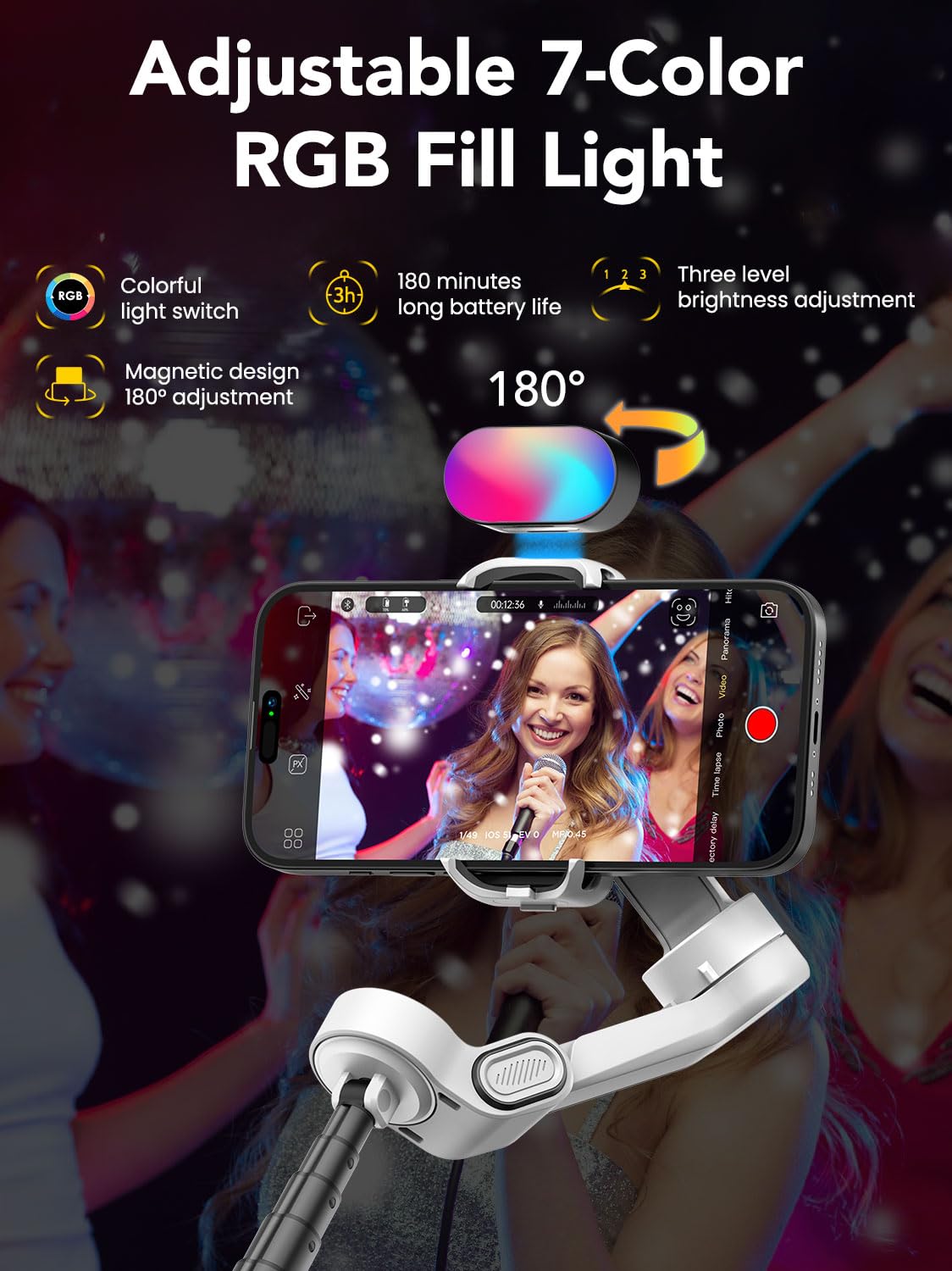 AOCHUAN Smart X2 Stabilizzatore cardanico per smartphone a 3 assi con luce di riempimento RGB, asta di prolunga integrata, cardano con schermo OLED per registrazione video su iPhone, X2 KIT bianco