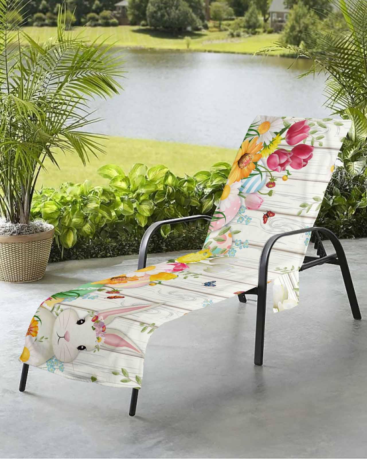 Easter Beach Chair Towel Covers for Chaise Lounge with Side Pocket, Soft Plush Pool Towels Cover for Patio Sunbathing Outdoor 29''x85'' Egg Bunny Eucalyptus Spring Daisys Beige Woodgrain