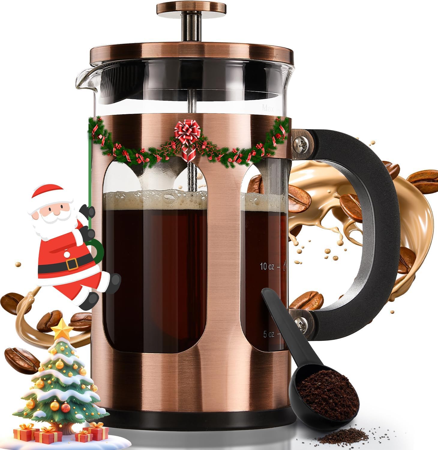 Bayka French Press Caffè Tea Maker Piccolo, resistente al calore Vetro borosilicato In acciaio inossidabile Brewer monodose, Teiera Cafetera Brew Cold, 21 once 0,6 litri, Rame
