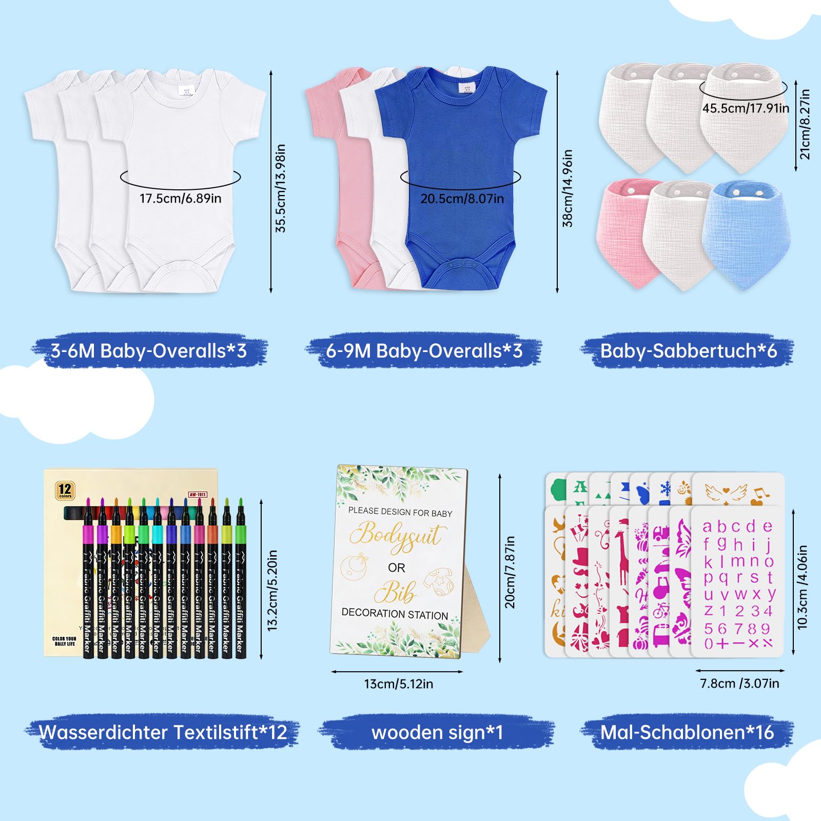 Baby Lätzchen zum Bemalen babyparty deko 12 Stück,6x Babybody aus Baumwolle,6x musselin tücher baby,12 Farbigem Textilstift 15 Tiere Malvorlagen,Gender Reveal Geschenk für Babyparty spiele baby shower