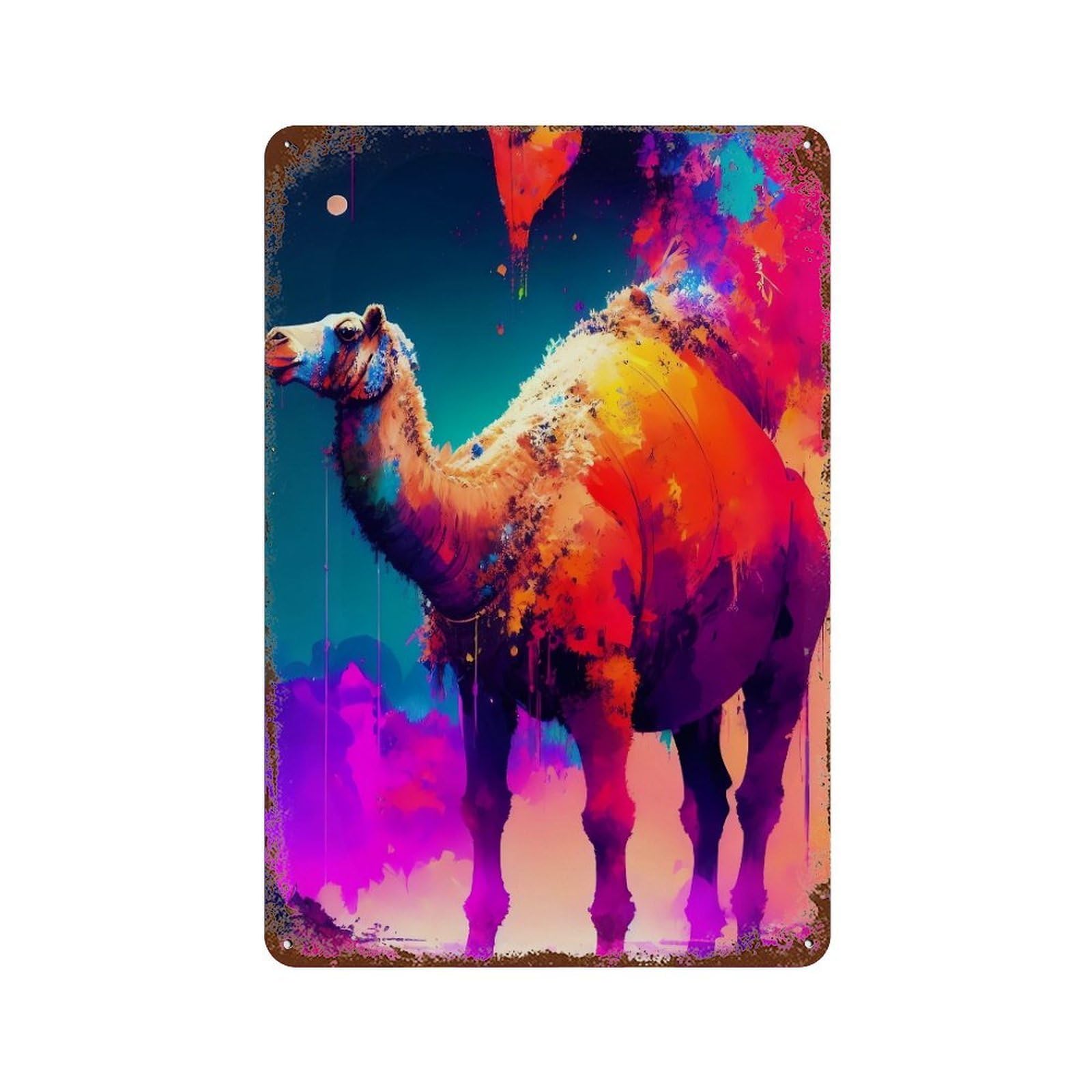 Garage Style Colorful Camel Painting Vintage Rust Metal Sign 11.8"x7.9", Shabby Chic Decor for Bar And Workshop