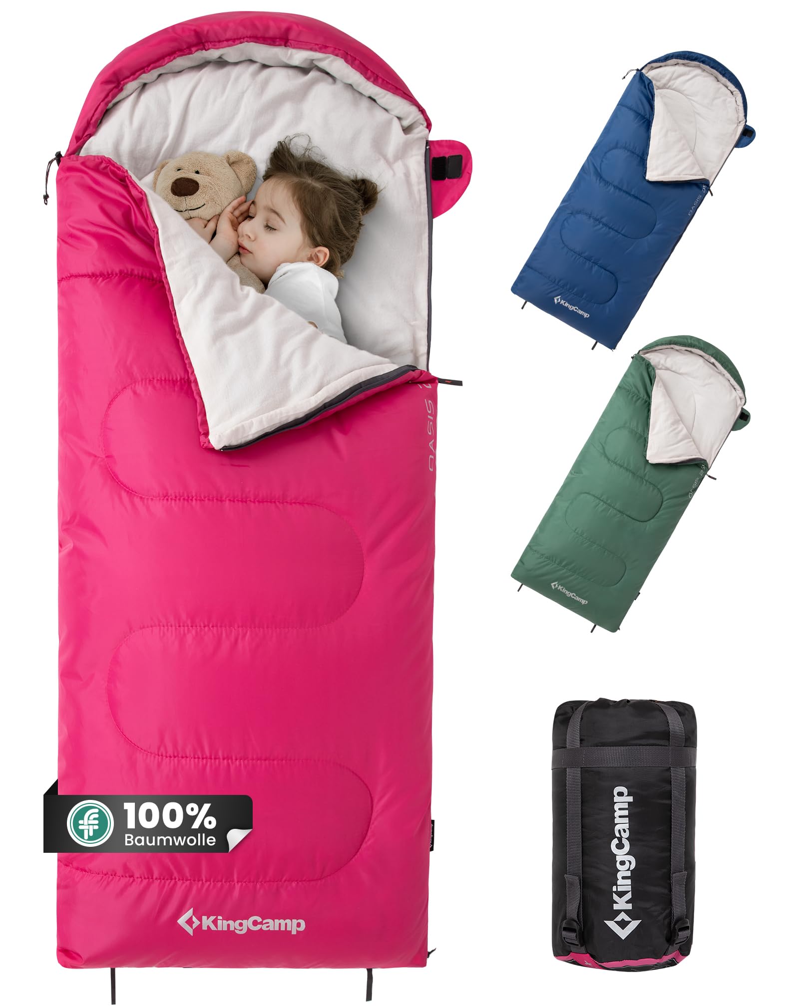 KingCamp Kinderschlafsack 3 Jahreszeiten Deckenschlafsack für Kinder 100-140cm Leicht Warm für Camping und Wandern mit Tragetasche
