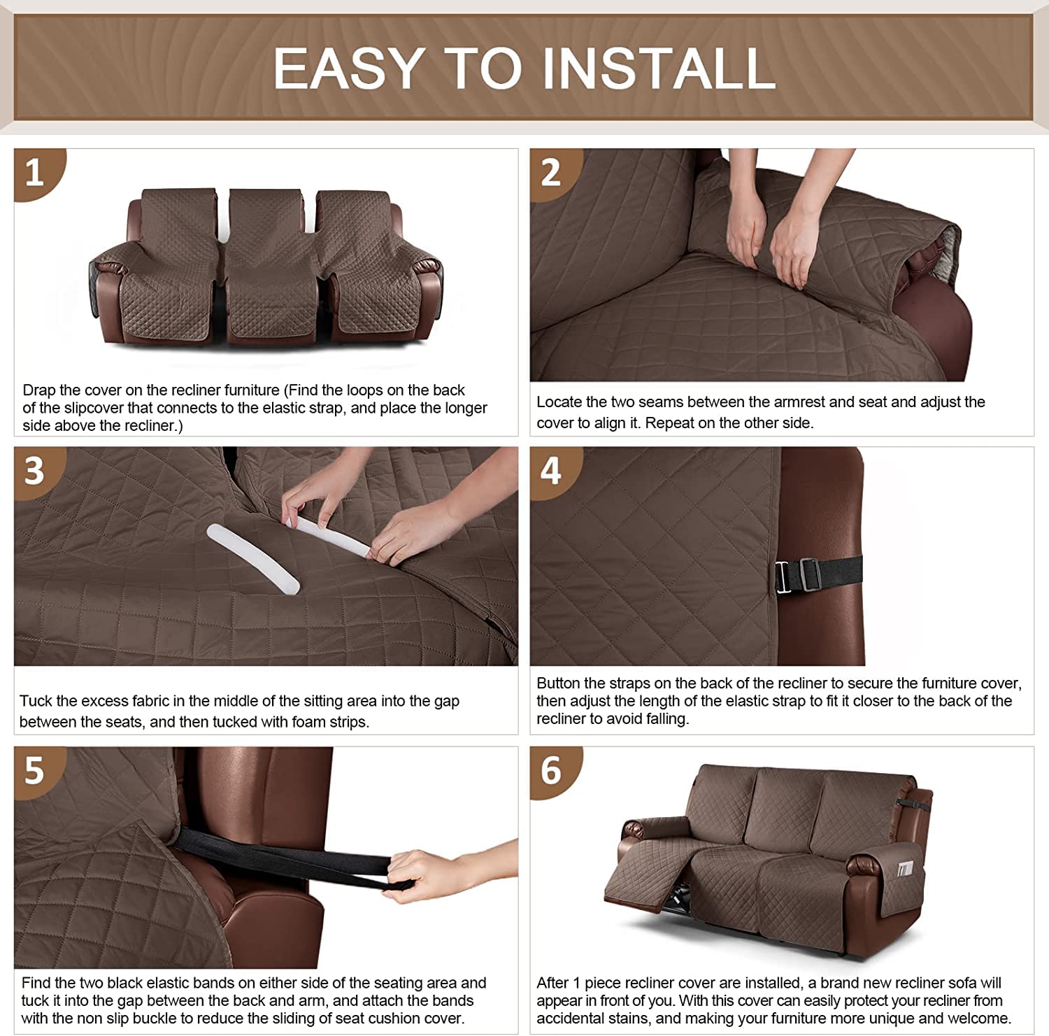 Funda de Sofá Reclinable Funda de Sillón Relax con correa elástica Fundas de Butacas Relax Antideslizantes Fundas de Muebles lavable para el hogar con mascotas y niños (Café,3 Plazas/Sofá)