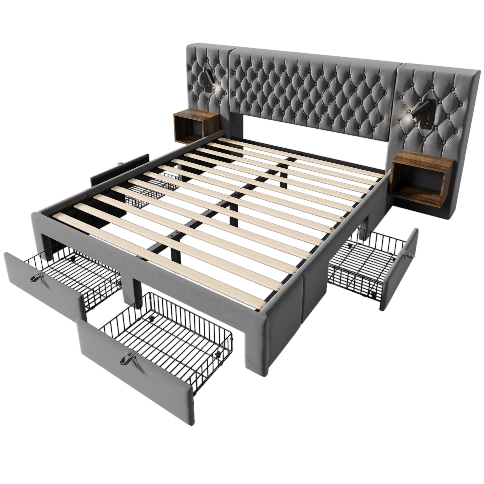 Set Completo per Letto Matrimoniale - Letto Imbottito 180 x 200 cm, Comodini e Cassetti, Lampada da Lettura USB