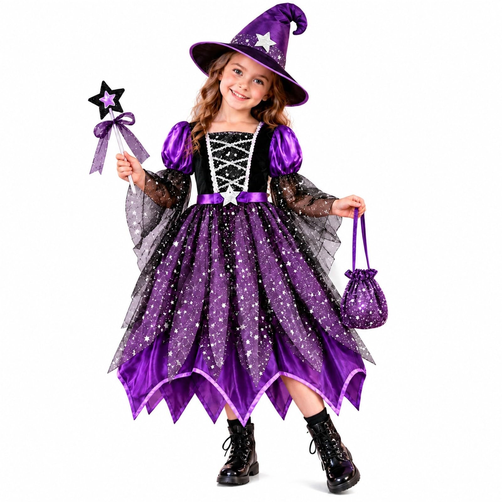 Girls Witch Costume Set Kids Halloween Cosplay Party Dress Up Toddler Fancy Dress Birthday Cotton Outfits with Hat, Magics Wand and Candy Bag