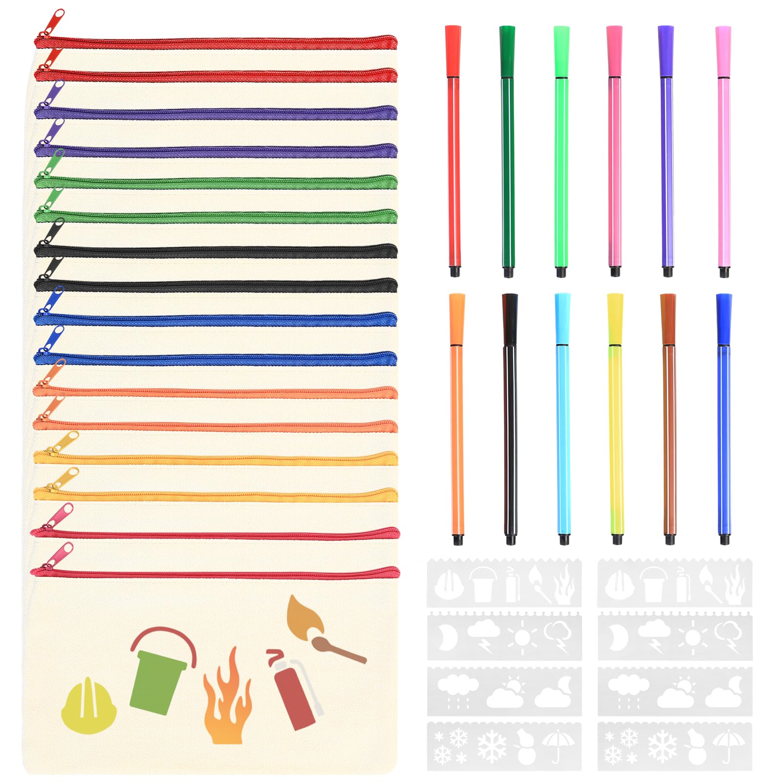 ZHENGYYUU 16 Pcs Blank Canvas Pencil Cases for DIY Painting Cotton Zipper Craft Bags with 12 Colour Pens & 8 Stencils (8.3 x 4.7 in)