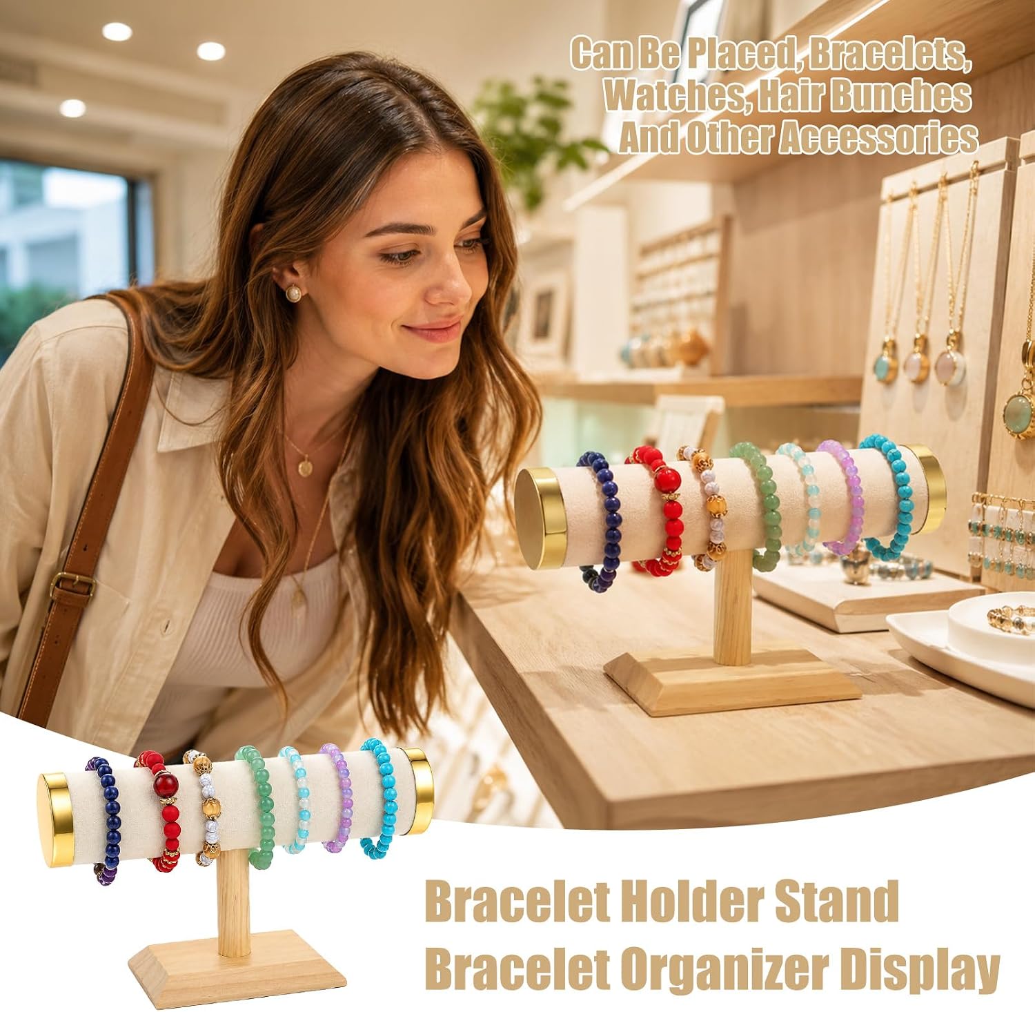 4 Pcs Velvet Bracelet Display Stand Gold Ends White for Jewelry Organizer