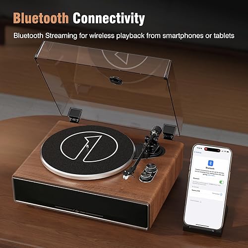 Miniatura 4 de 1 by ONE - Tocadiscos de vinilo con entrada Bluetooth, tocadiscos todo en uno con altavoces integrados, preamplificador de teléfono, cartucho