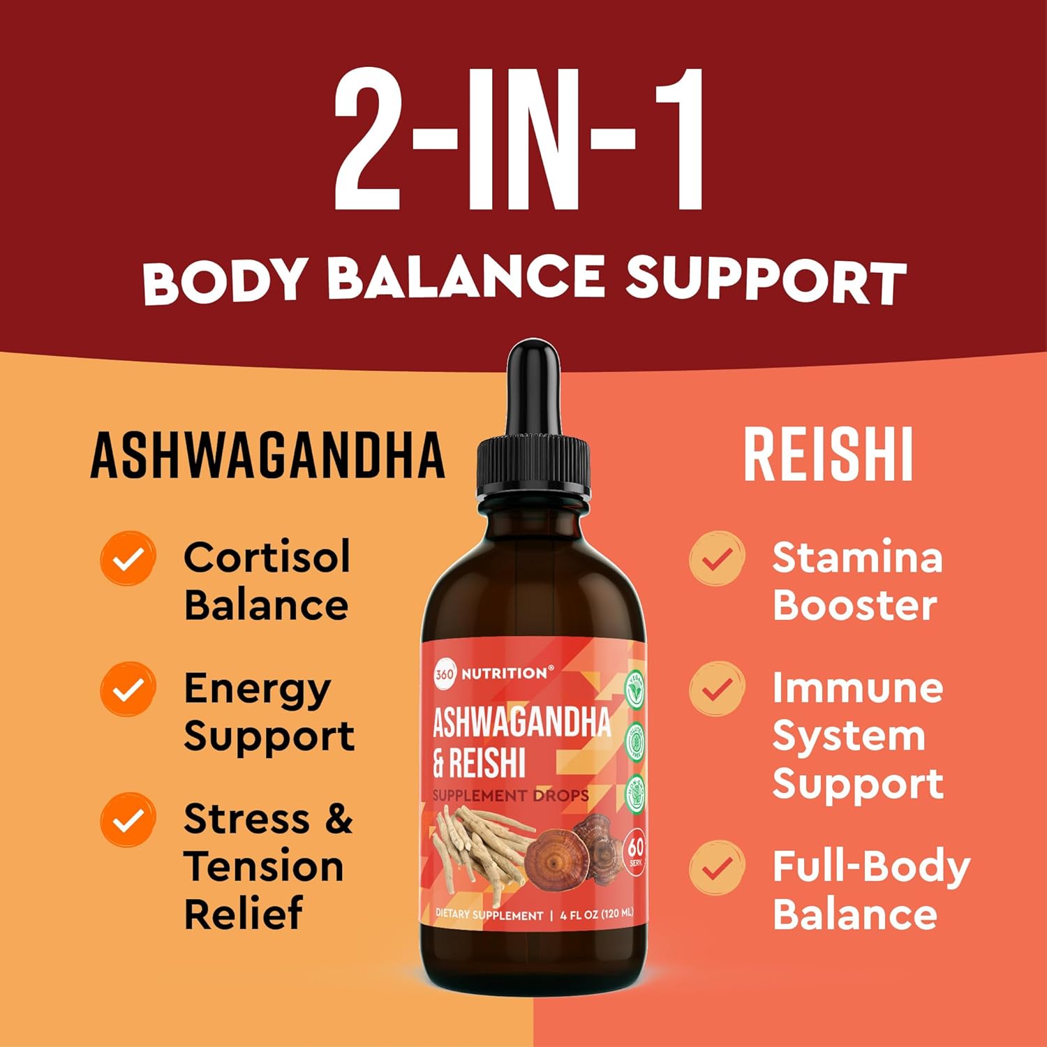 360 Nutrition Ashwagandha & Reishi Root Supplement Drops for Stress Relief, Stamina & Longevity, and Energy Support - Vegan Non-GMO Adaptogenic - 4 fl oz, 60 Servings