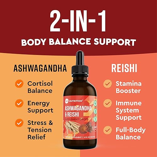 Miniatura 2 de 360 Nutrition Ashwagandha & Reishi - Suplemento de raíz de gotas para aliviar el estrés, la resistencia y la longevidad, y apoyo energético,