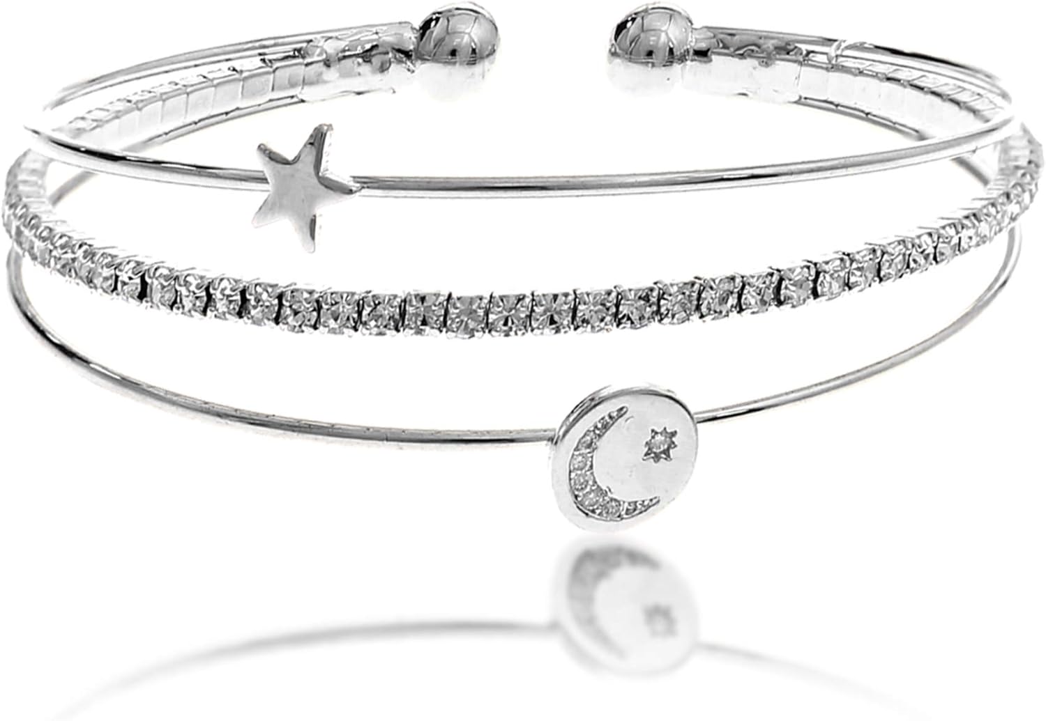 NTLX CZ Bangle Bracelets for Women - Cubic Zirconia Bracelet – CZ & Rhinestone 3 Line Memory Wire Bracelet – Silver, Gold, Rose Gold Plated - Moon & Star Design - with Gift Box included - Great Gift