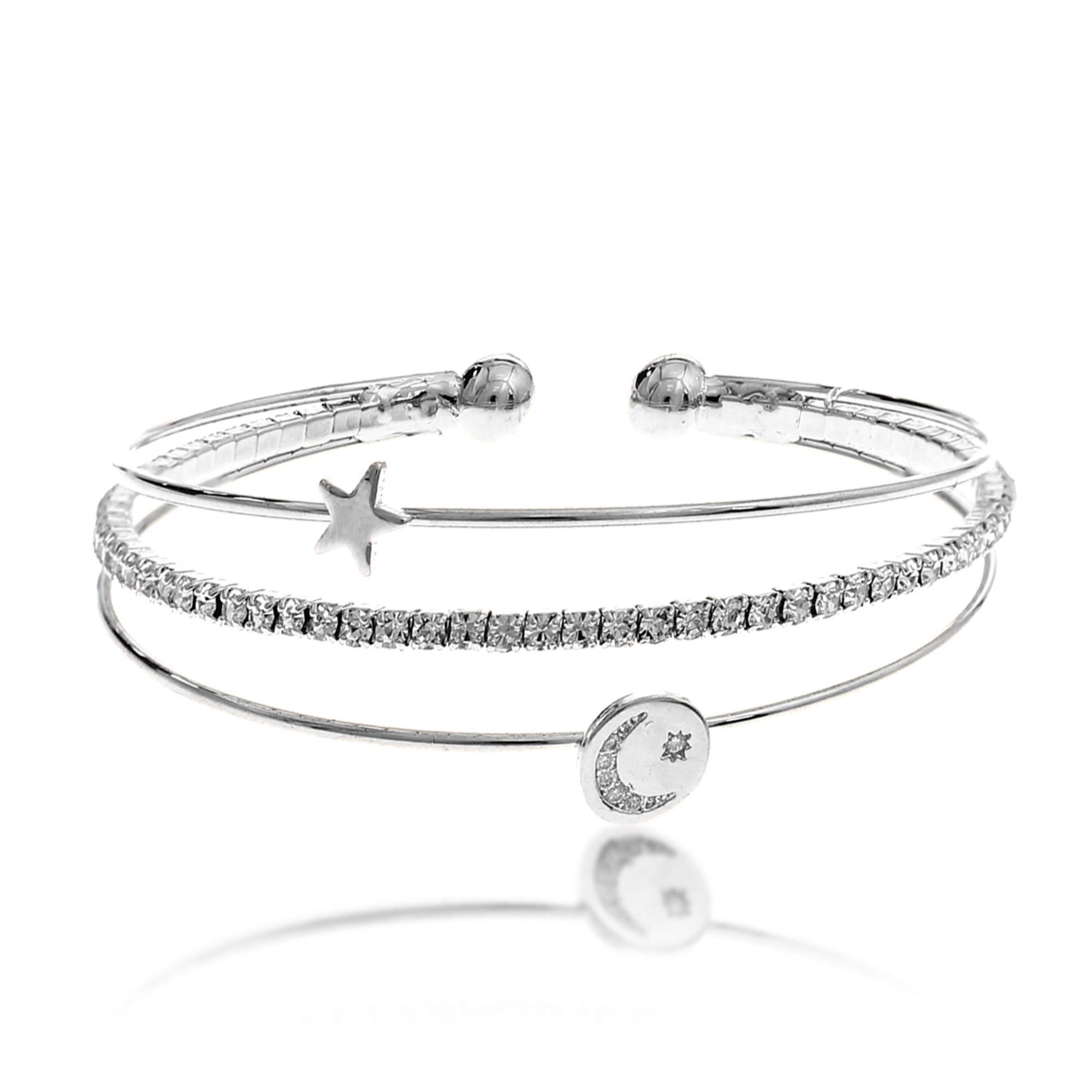 NTLXCZ Bangle Bracelets for Women - Cubic Zirconia Bracelet – CZ & Rhinestone 3 Line Memory Wire Bracelet – Silver, Gold, Rose Gold Plated - Moon & Star Design - with Gift Box included - Great Gift