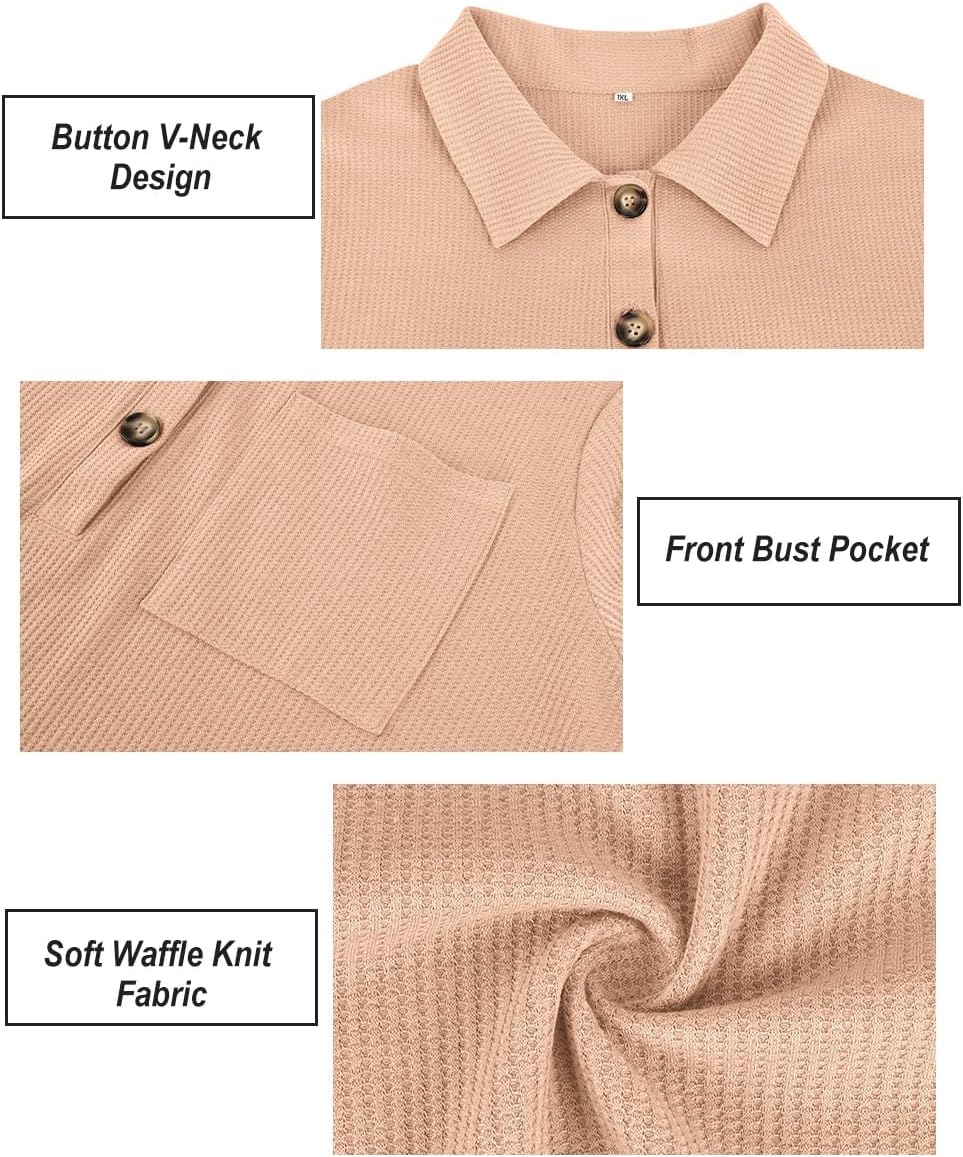 CARCOS Plus Size Tops for Women Waffle Knit Henley Shirts Long Sleeve Button V Neck Tunics Casual Solid Blouse with Pocket - Image 5