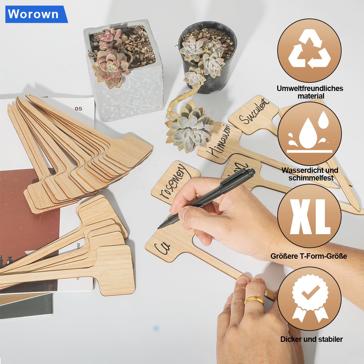 Worown 30 Stück Umweltfreundliche Pflanzenschilder aus Bambus, Extra lange T-förmiges, Langlebiges Pflanzschilder Holz mit Schwarzer Wasserfest Markerstift (H:18cm x W:6cm)